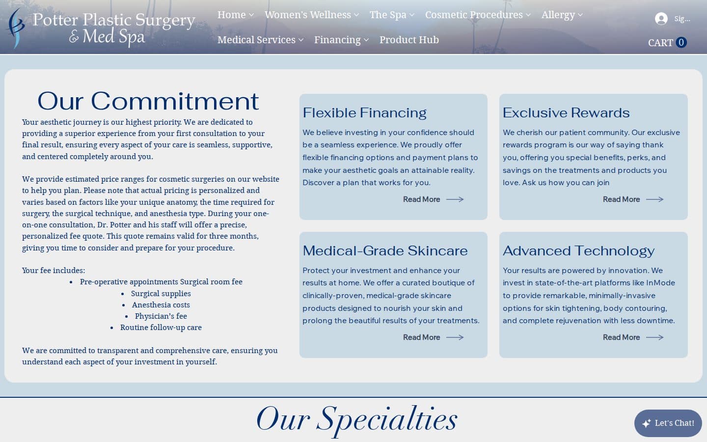 Starting-the-process page from the live Potter Plastic Surgery site, with commitment copy, financing, and specialties
